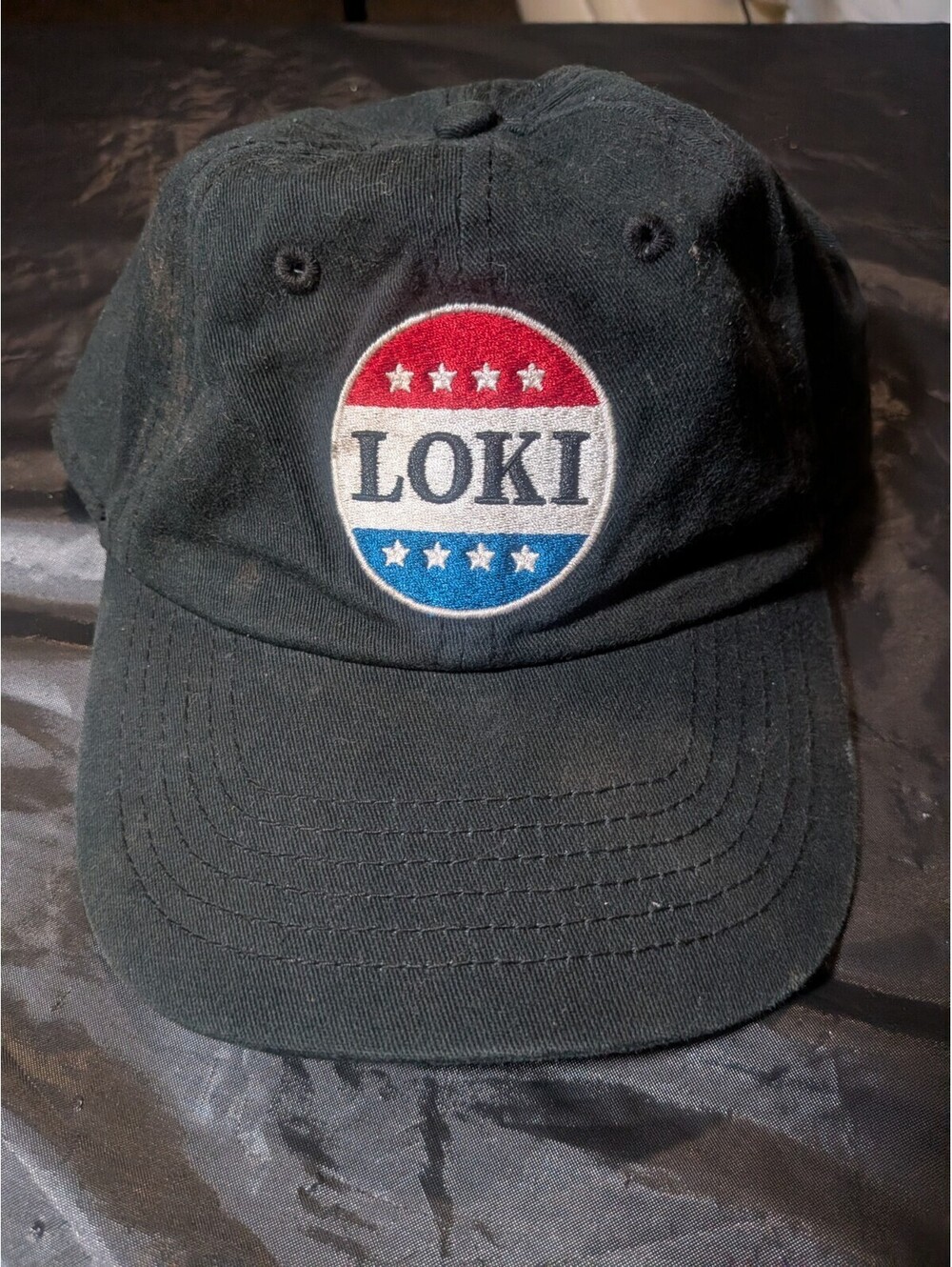 Bioworld Loki Red White and Blue Button Embroidered Black Cotton 6 Panel